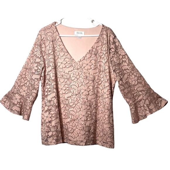 Elle Shirt Womens Size XXL Blush Pink Pullover Floral Lace Lined Stretch V-Neck - Picture 1 of 9